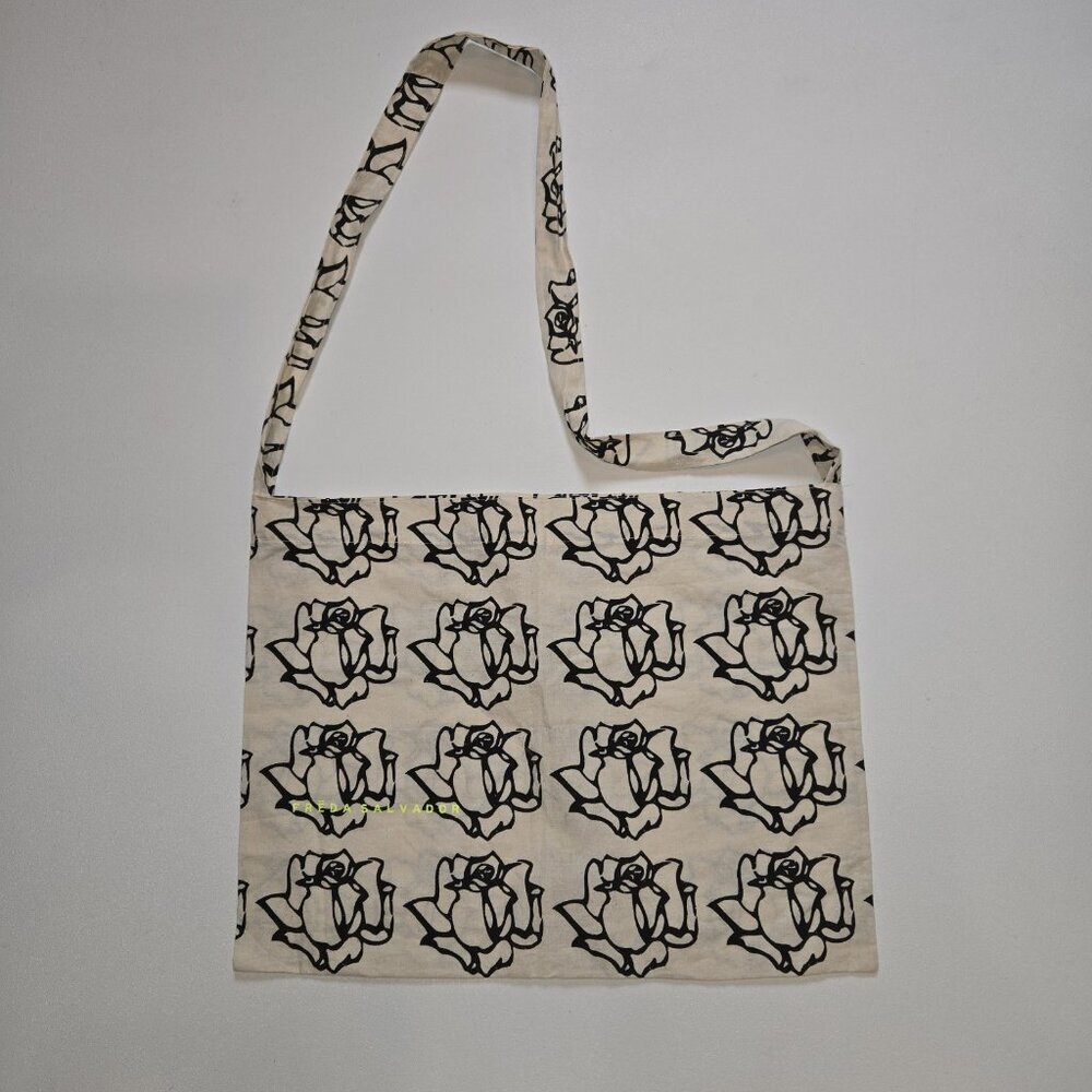 13 x 17" Freda Salvador Tote Bag Rose Floral Print Cream Black Linen Shop Rose U